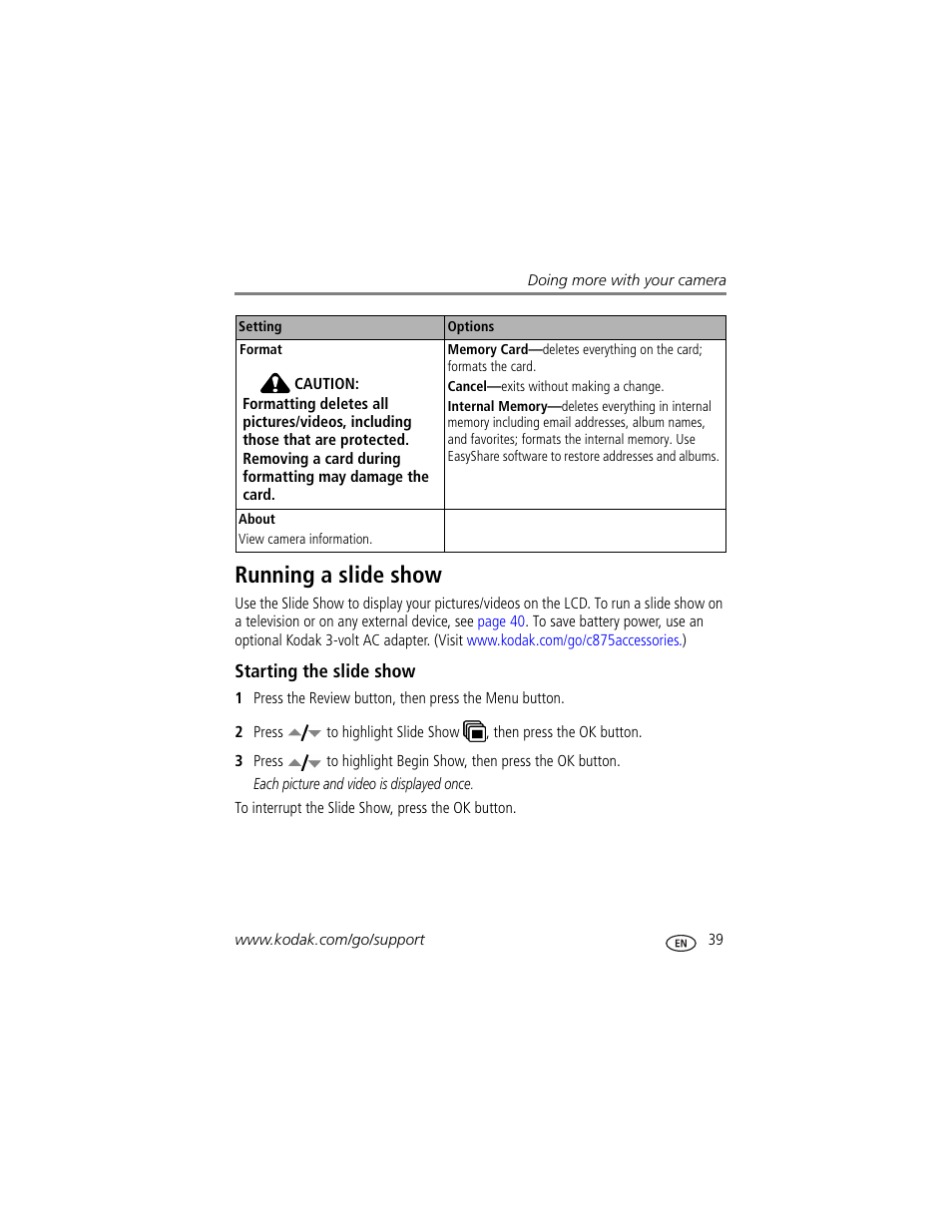 Running a slide show, Starting the slide show | Kodak C875 User Manual | Page 45 / 84