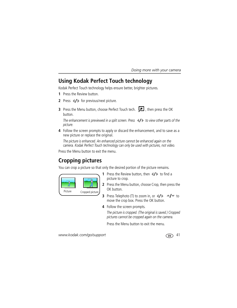 Cropping pictures, Using kodak perfect touch technology | Kodak C875 User Manual | Page 47 / 84