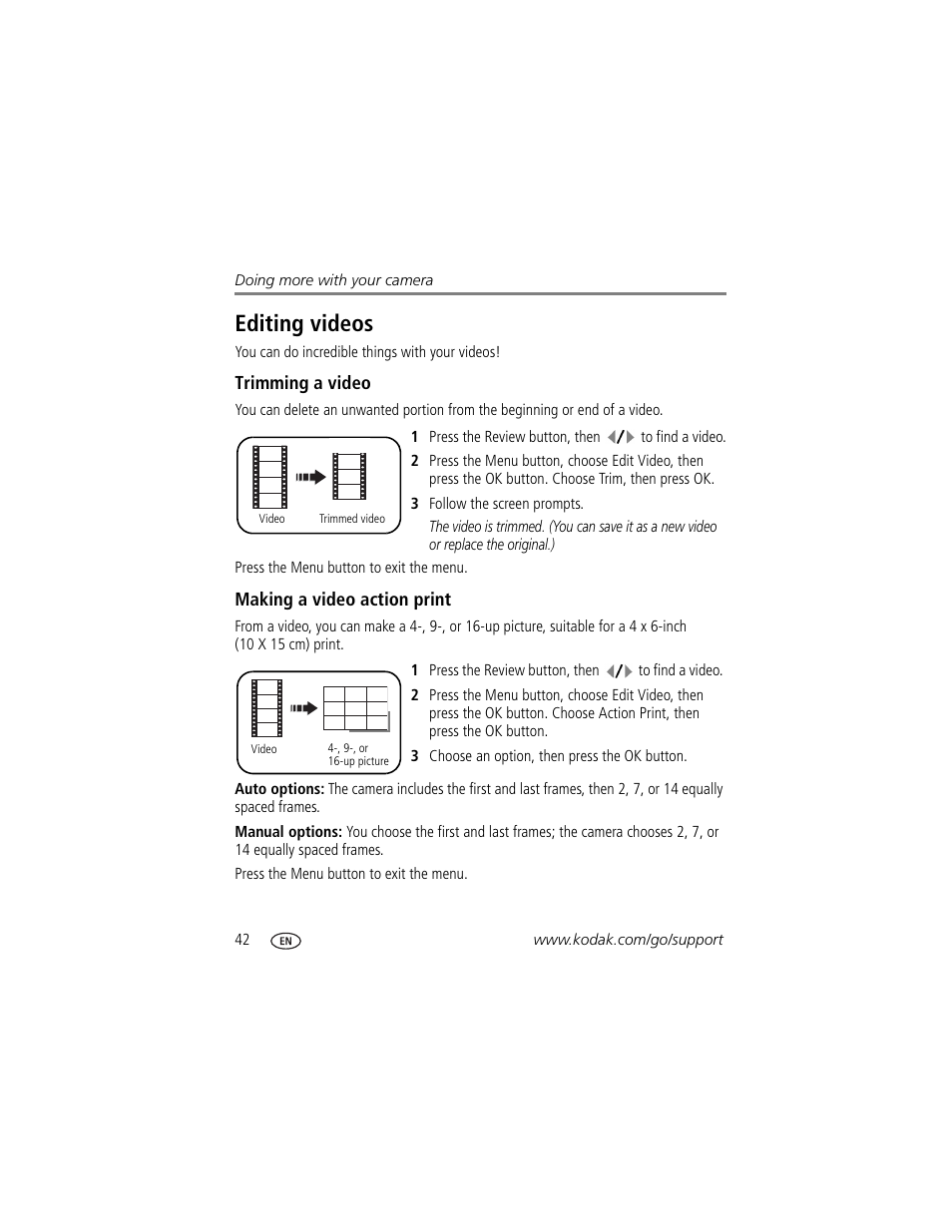 Editing videos, Trimming a video, Making a video action print | Kodak C875 User Manual | Page 48 / 84