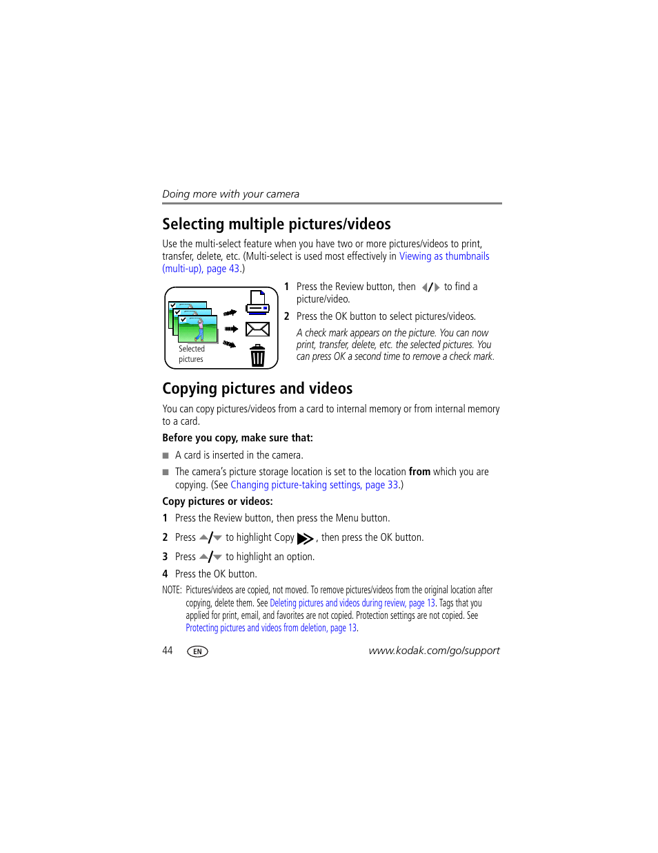 Selecting multiple pictures/videos, Copying pictures and videos | Kodak C875 User Manual | Page 50 / 84