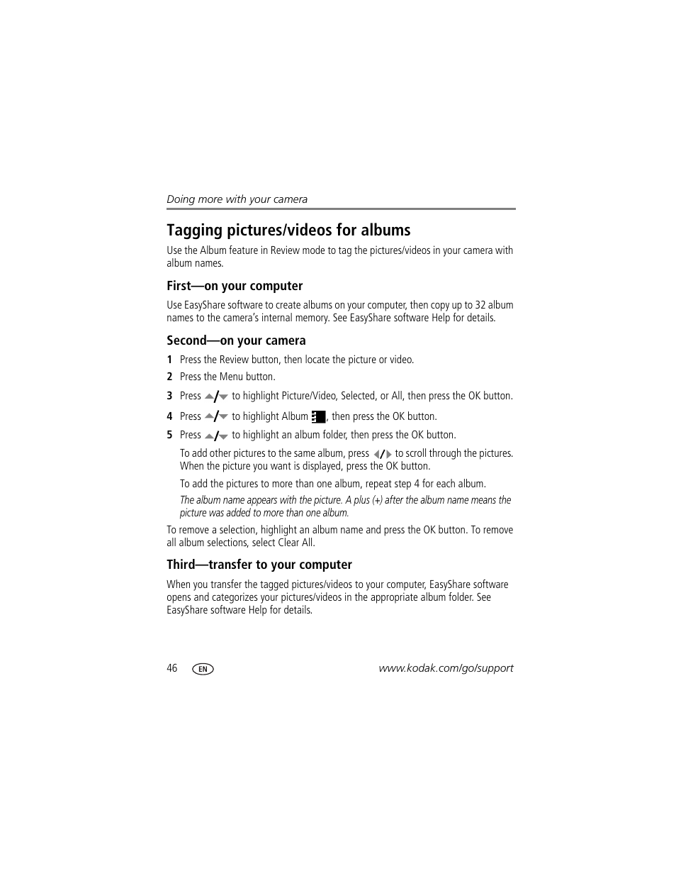 First-on your computer, Second-on your camera, Third-transfer to your computer | Tagging pictures/videos for albums, Tes. (see, S. see | Kodak C875 User Manual | Page 52 / 84