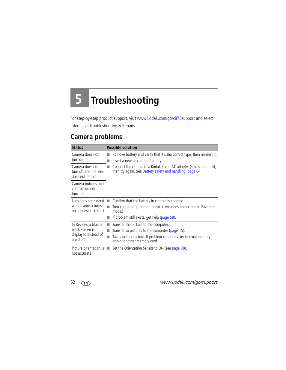 Troubleshooting, Camera problems, 5 troubleshooting | Kodak C875 User Manual | Page 58 / 84