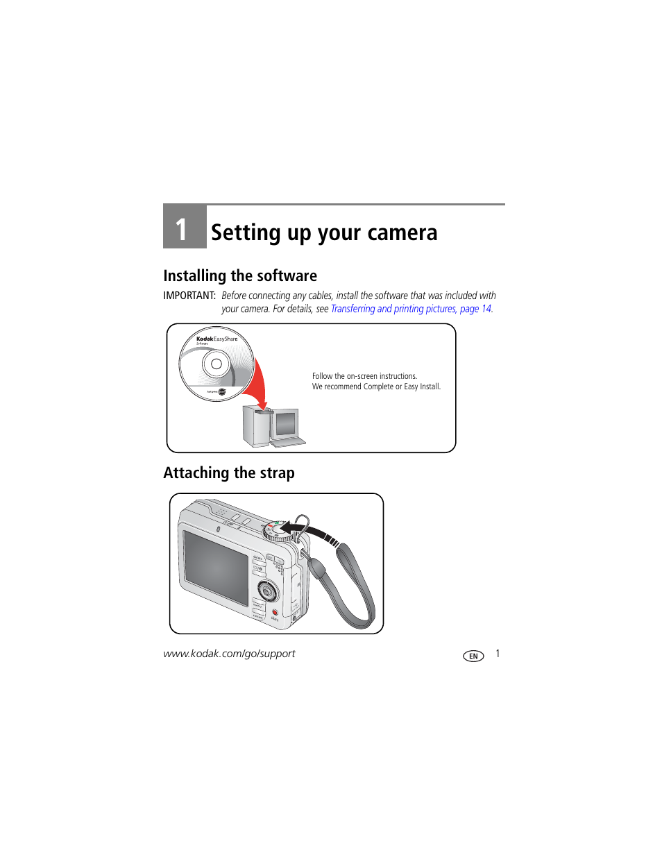 Setting up your camera, Installing the software, Attaching the strap | 1 setting up your camera, Installing the software attaching the strap | Kodak C875 User Manual | Page 7 / 84