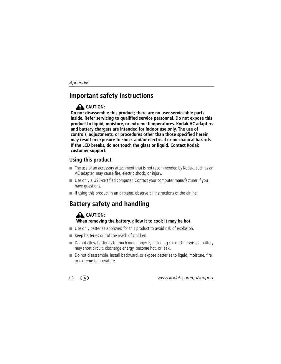Using this product, Battery safety and handling, Important safety instructions | Kodak C875 User Manual | Page 70 / 84