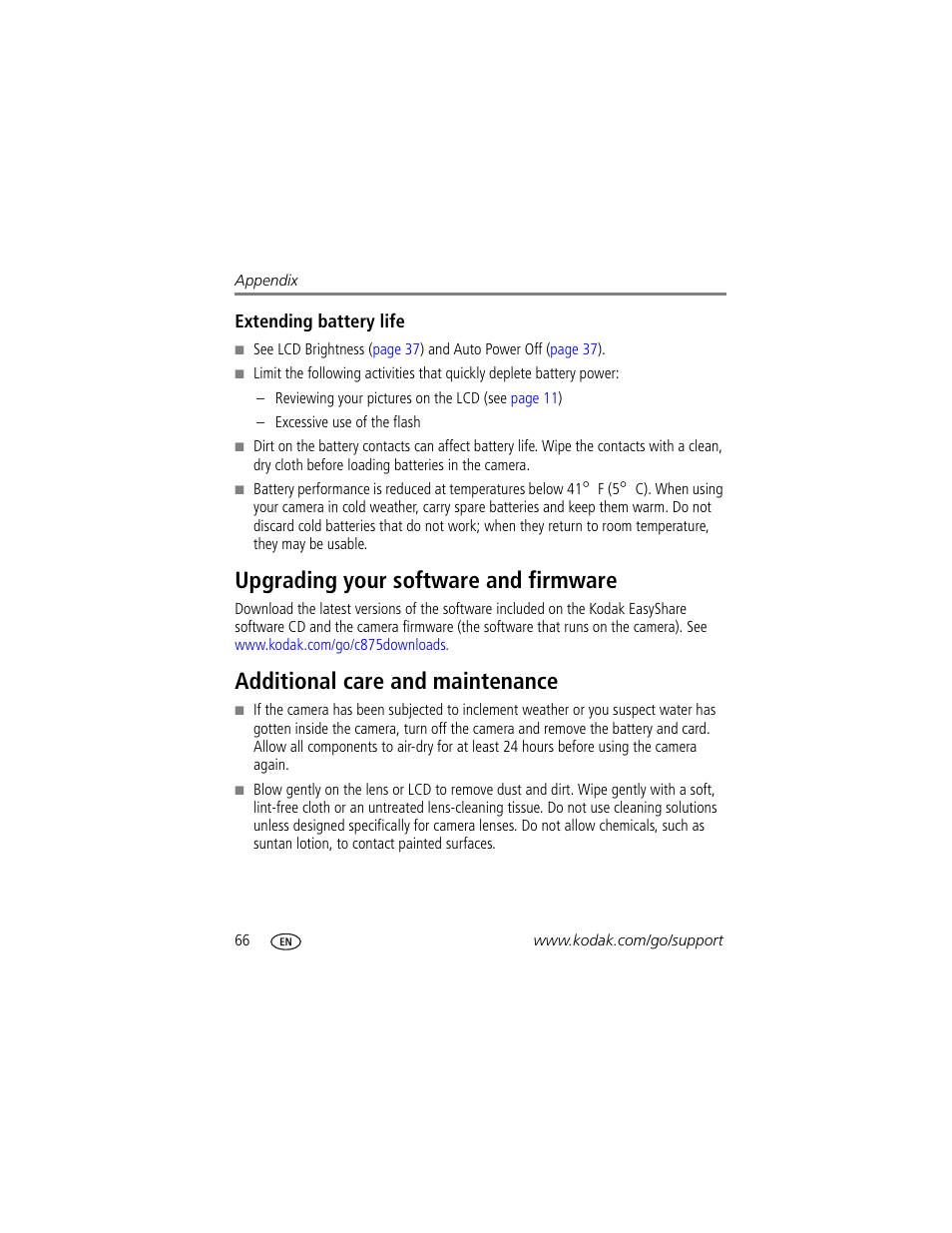 Upgrading your software and firmware, Additional care and maintenance, Ean the lens | Kodak C875 User Manual | Page 72 / 84