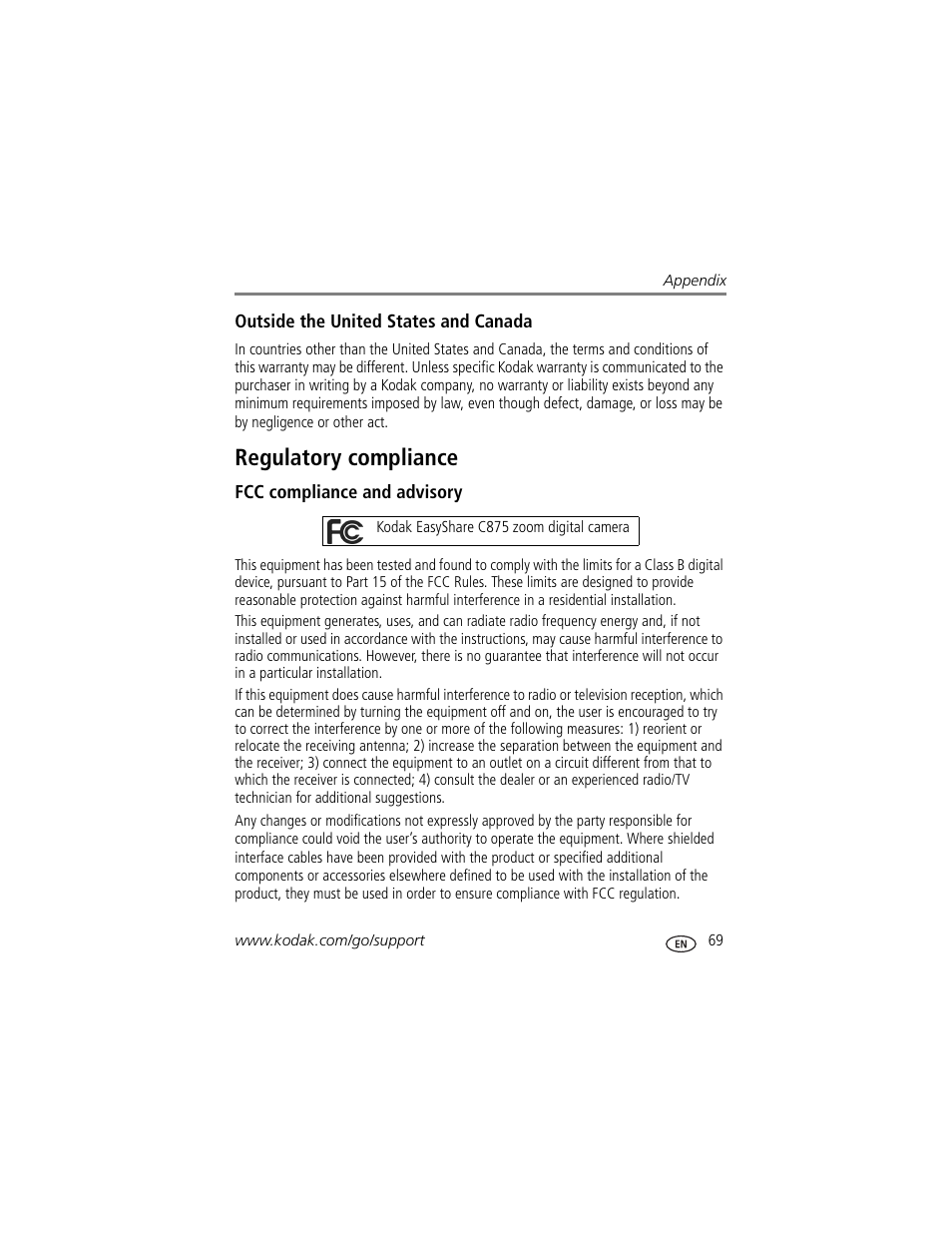 Regulatory compliance, Fcc compliance and advisory | Kodak C875 User Manual | Page 75 / 84