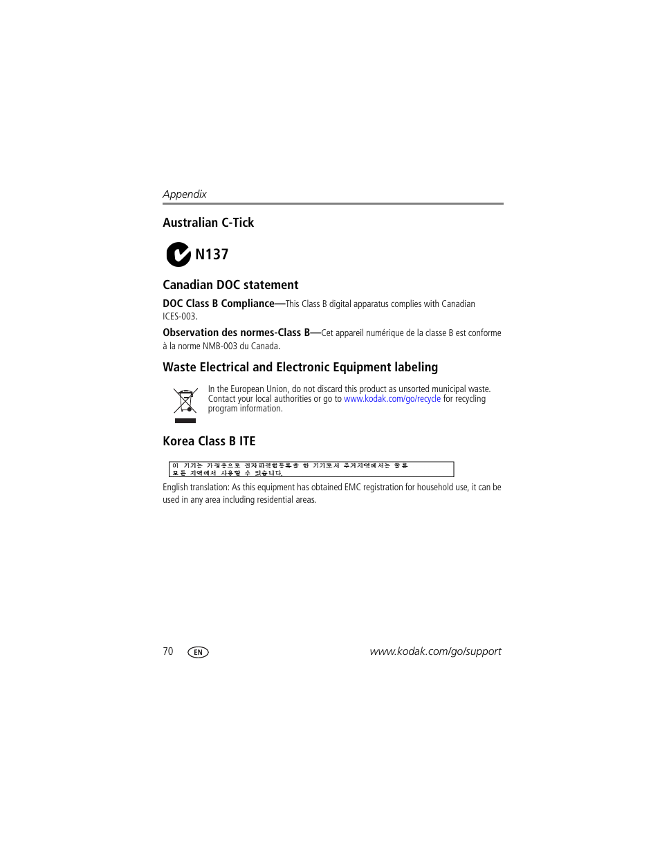 Australian c-tick, Canadian doc statement, Waste electrical and electronic equipment labeling | Korea class b ite, N137 | Kodak C875 User Manual | Page 76 / 84