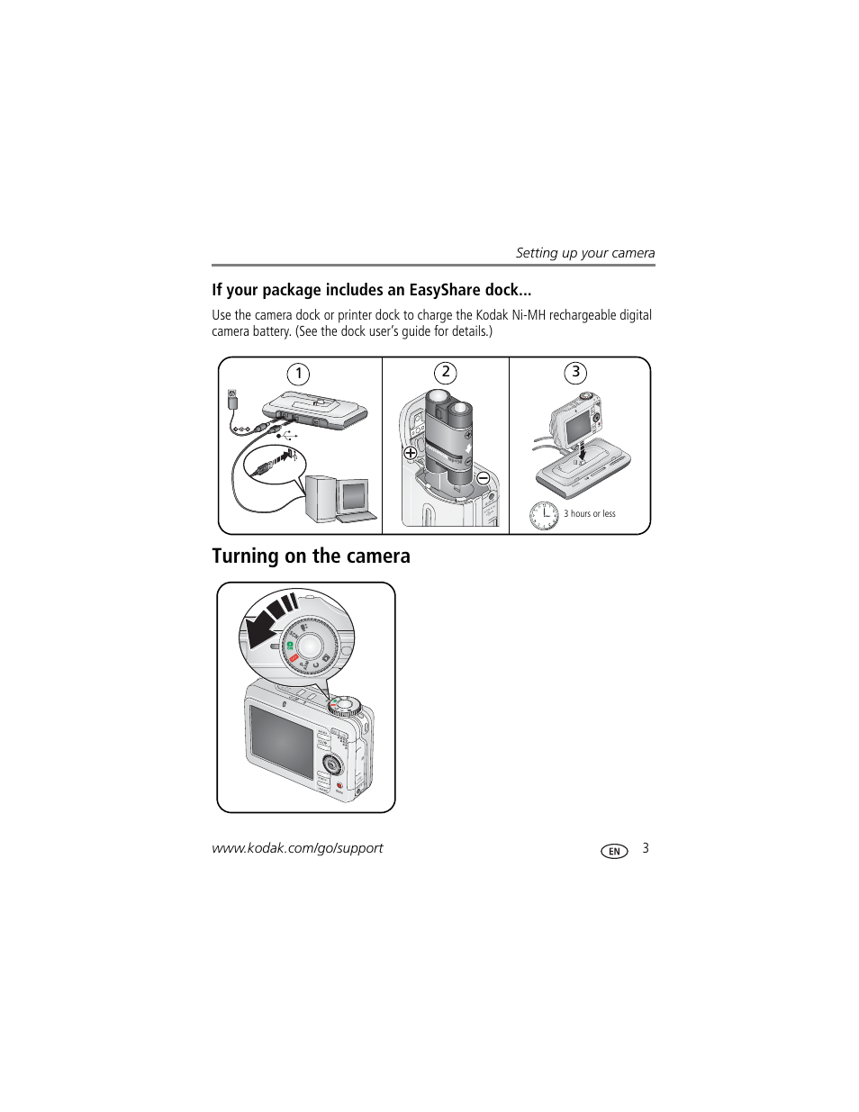 If your package includes an easyshare dock, Turning on the camera | Kodak C875 User Manual | Page 9 / 84