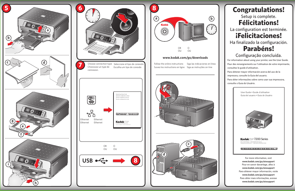 Félicitations, Felicitaciones, Parabéns | Setup is complete, La configuration est terminée, Ha finalizado la configuración, Configuração concluída | Kodak ESP 7200 User Manual | Page 2 / 2