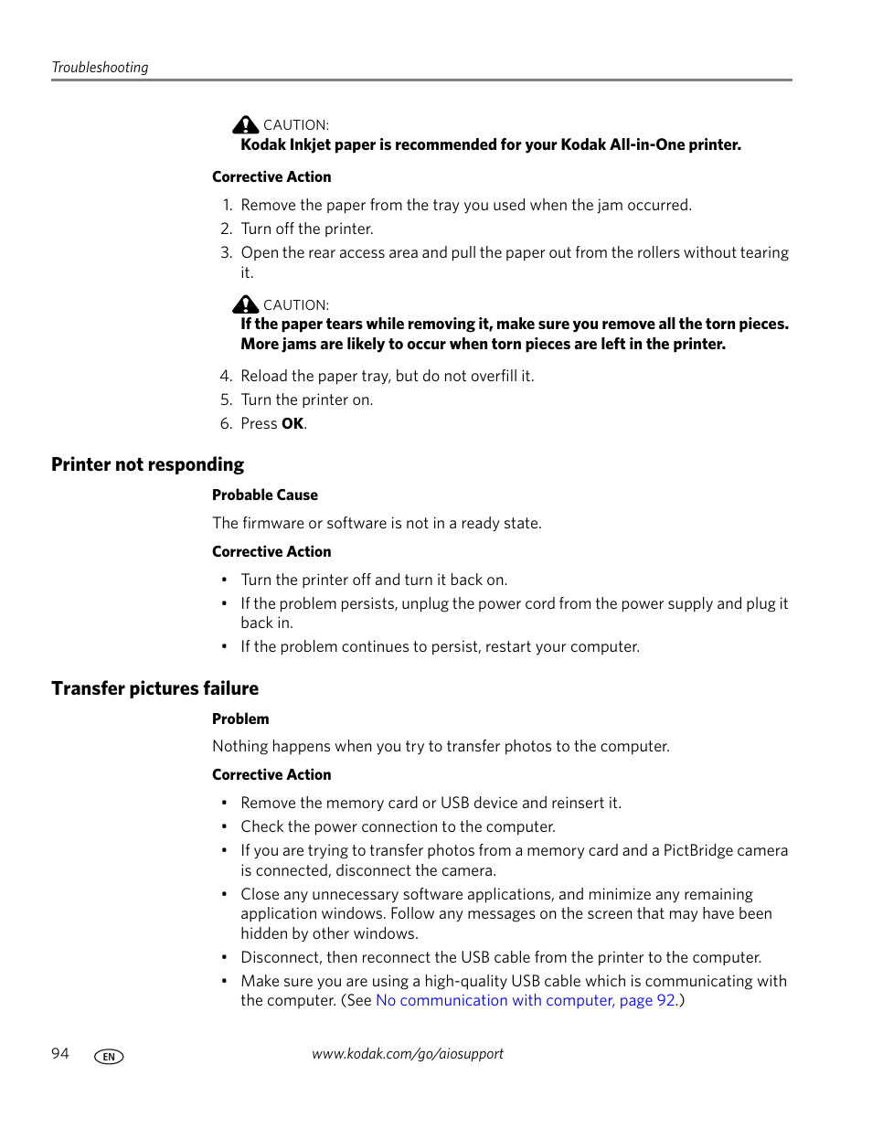 Printer not responding, Transfer pictures failure, Printer not responding transfer pictures failure | Kodak ESP 9 User Manual | Page 102 / 143