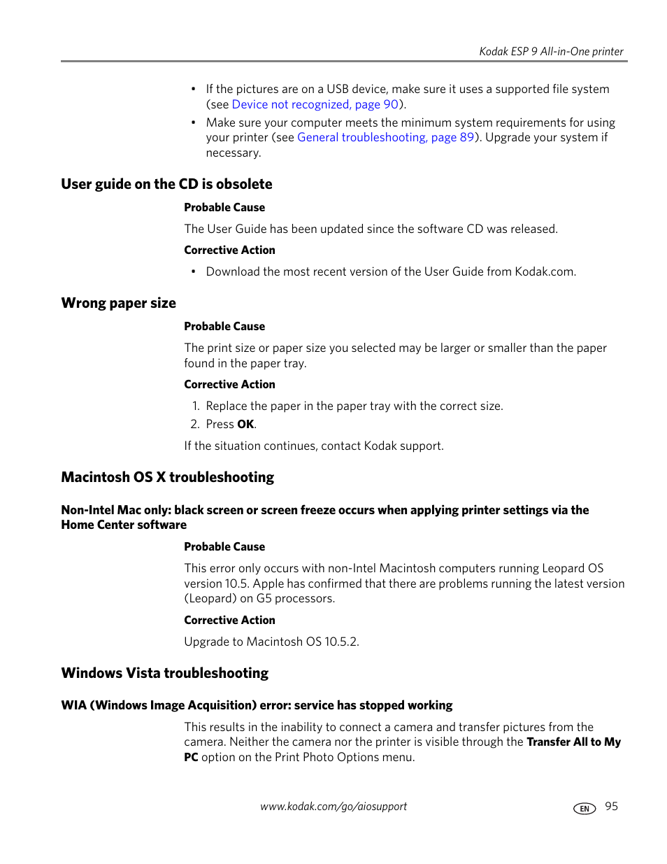 User guide on the cd is obsolete, Wrong paper size, Macintosh os x troubleshooting | Windows vista troubleshooting | Kodak ESP 9 User Manual | Page 103 / 143
