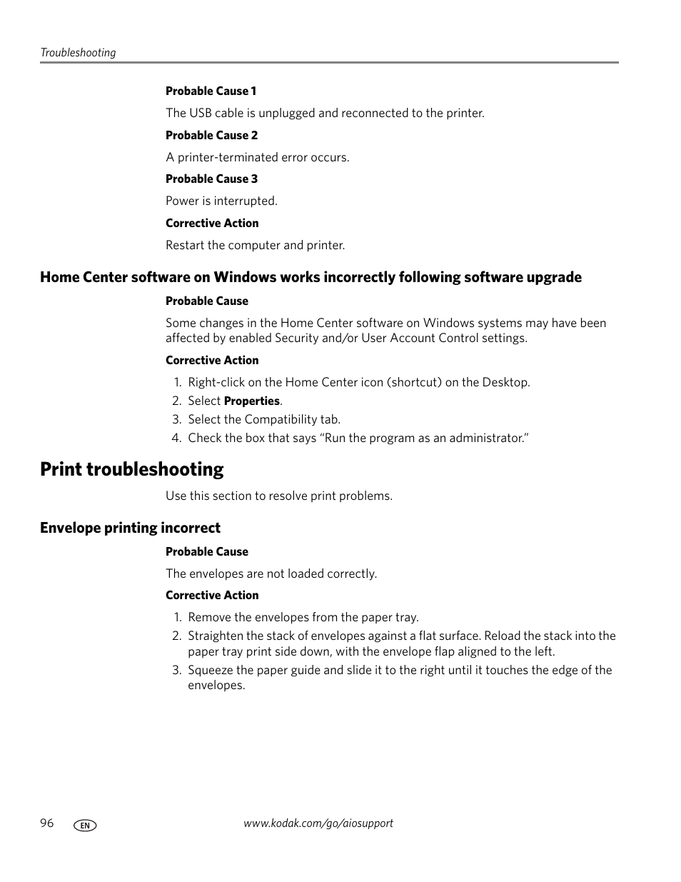 Print troubleshooting, Envelope printing incorrect | Kodak ESP 9 User Manual | Page 104 / 143