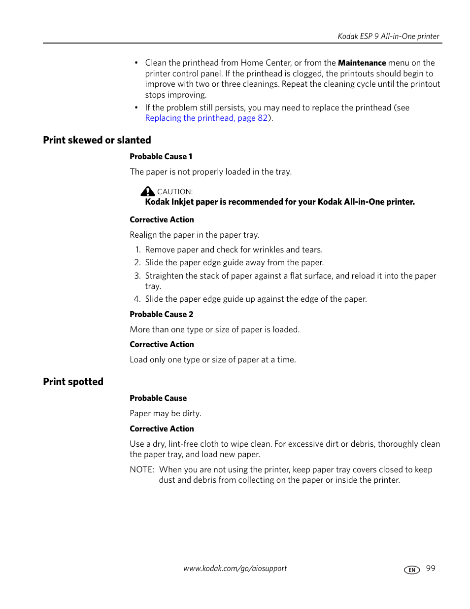 Print skewed or slanted, Print spotted, Print skewed or slanted print spotted | Kodak ESP 9 User Manual | Page 107 / 143