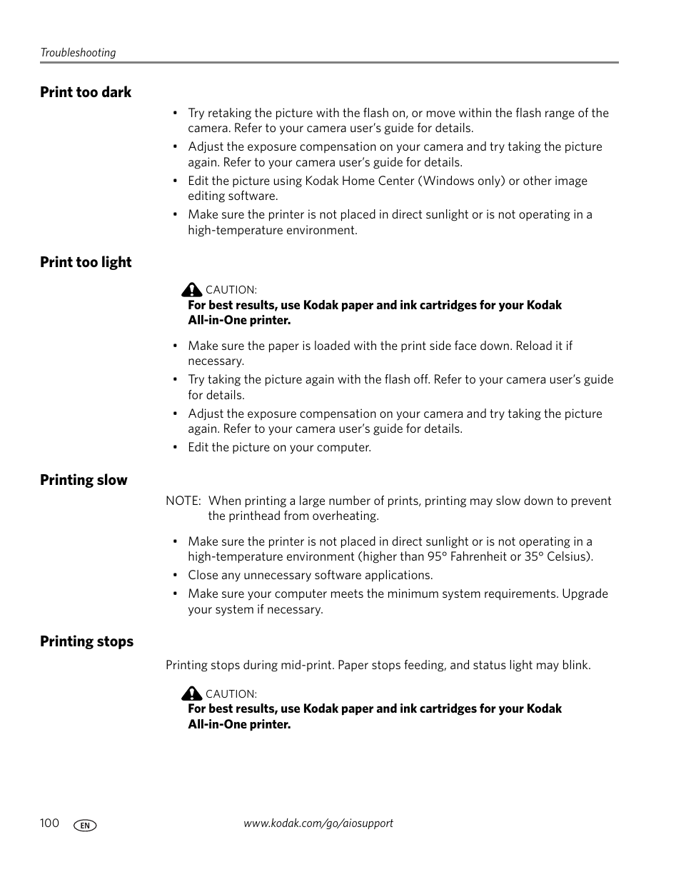 Print too dark, Print too light, Printing slow | Printing stops | Kodak ESP 9 User Manual | Page 108 / 143