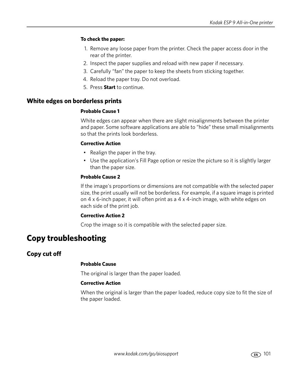 White edges on borderless prints, Copy troubleshooting, Copy cut off | Kodak ESP 9 User Manual | Page 109 / 143