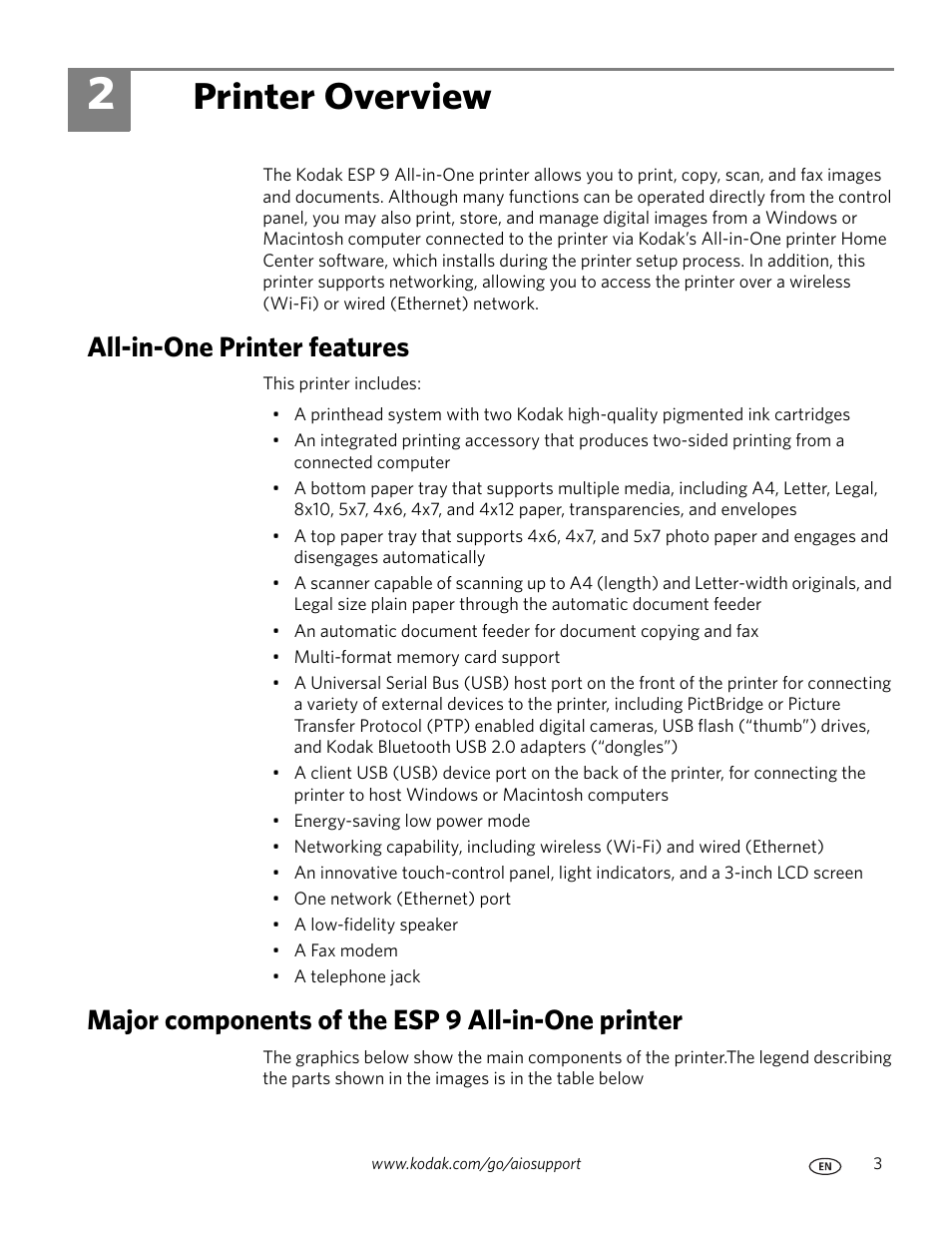 Printer overview, All-in-one printer features, Major components of the esp 9 all-in-one printer | 2 printer overview | Kodak ESP 9 User Manual | Page 11 / 143