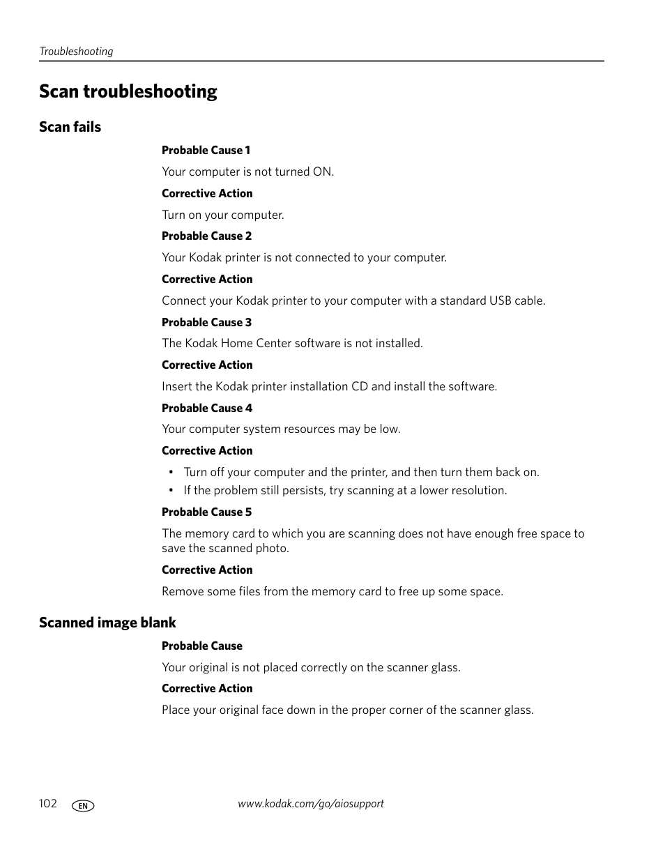 Scan troubleshooting, Scan fails, Scanned image blank | Scan fails scanned image blank | Kodak ESP 9 User Manual | Page 110 / 143