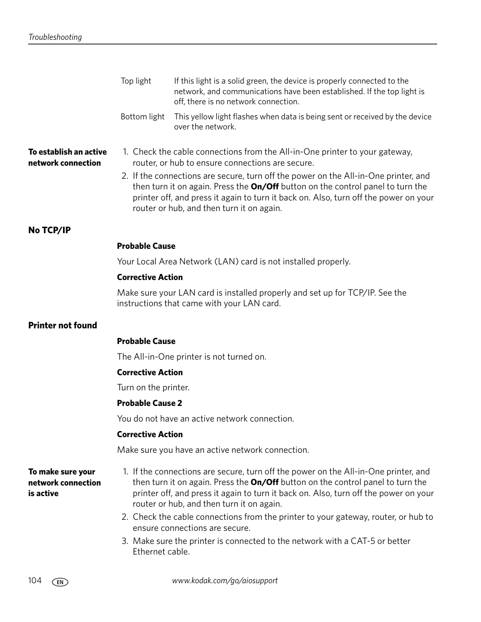 To establish an active network connection, No tcp/ip, Printer not found | To make sure your network connection is active | Kodak ESP 9 User Manual | Page 112 / 143