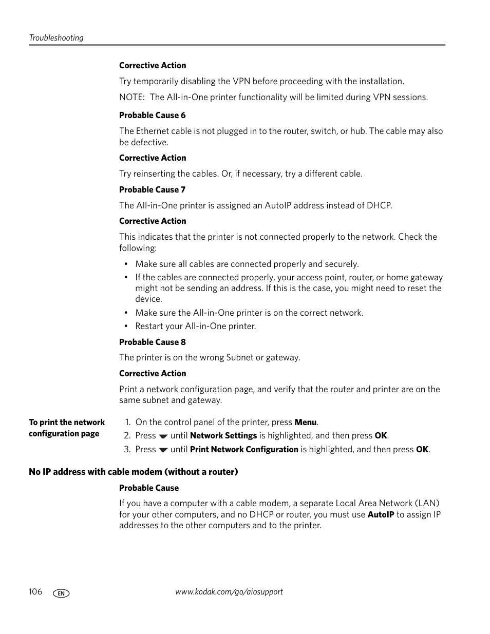 No ip address with cable modem (without a router) | Kodak ESP 9 User Manual | Page 114 / 143