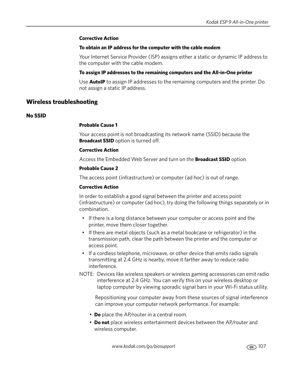 Wireless troubleshooting, No ssid | Kodak ESP 9 User Manual | Page 115 / 143