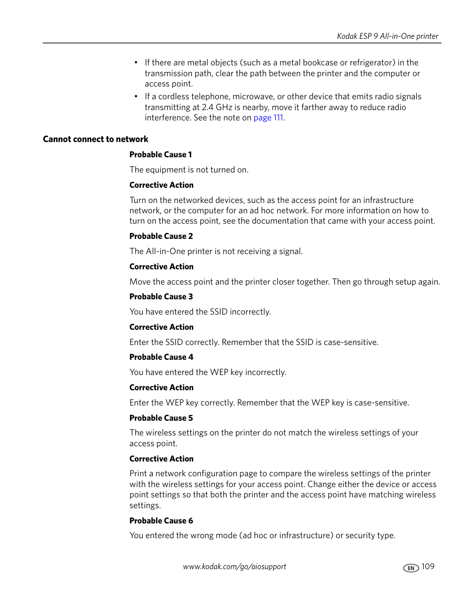 Cannot connect to network | Kodak ESP 9 User Manual | Page 117 / 143