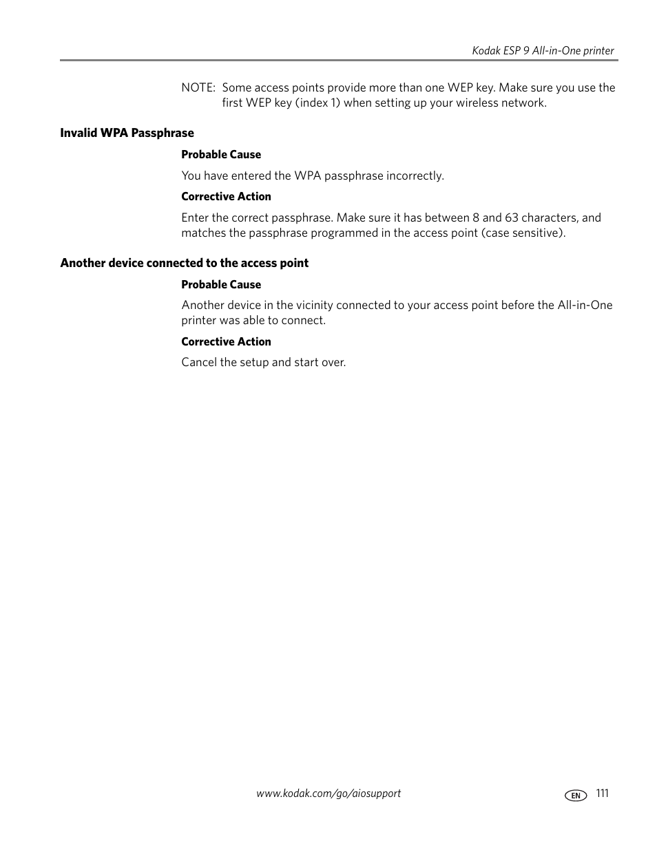 Invalid wpa passphrase, Another device connected to the access point | Kodak ESP 9 User Manual | Page 119 / 143