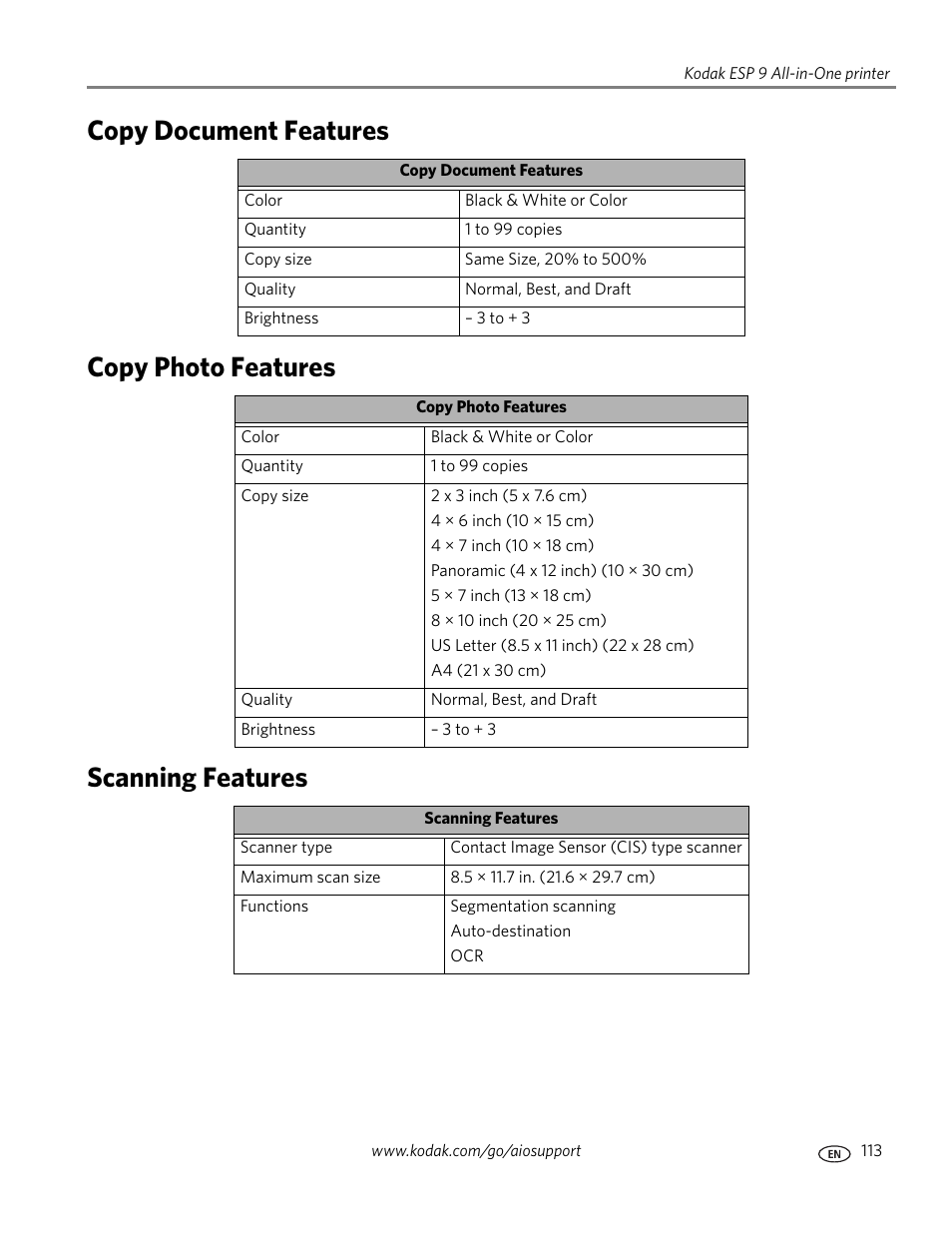 Copy document features, Copy photo features, Scanning features | Kodak ESP 9 User Manual | Page 121 / 143
