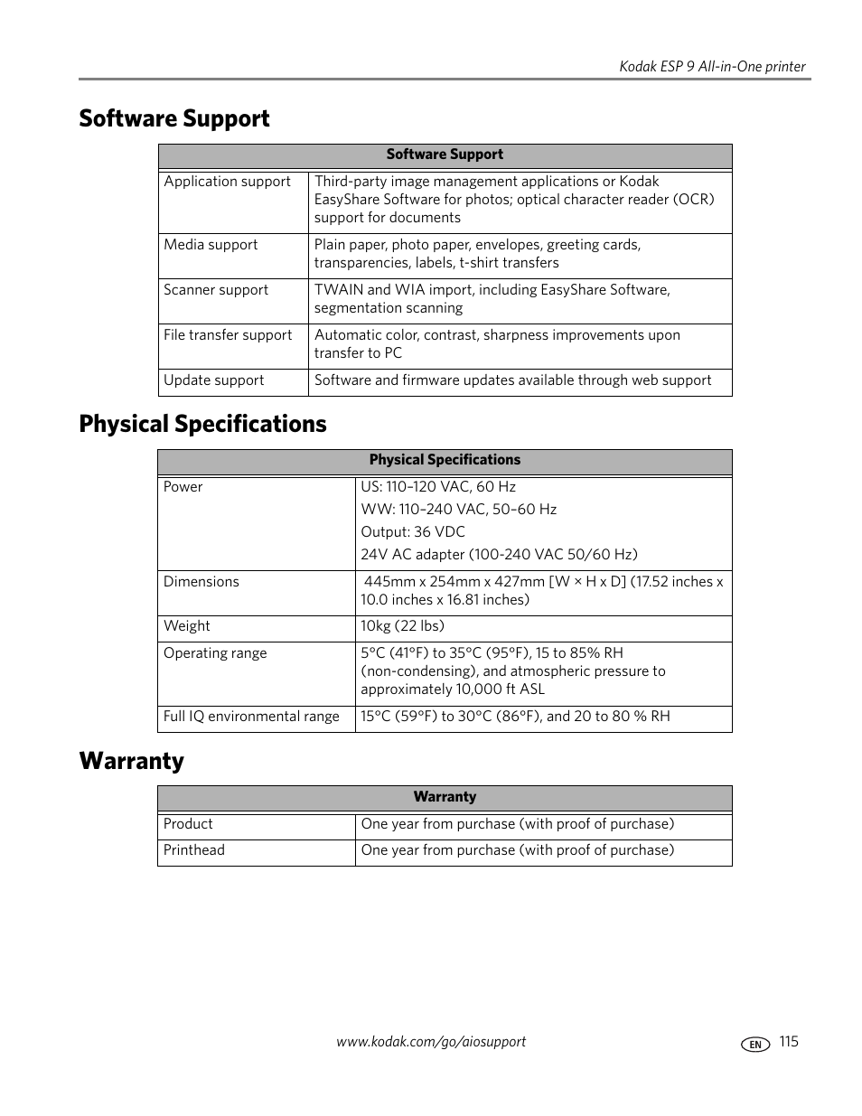 Software support, Physical specifications, Warranty | Software support physical specifications warranty | Kodak ESP 9 User Manual | Page 123 / 143