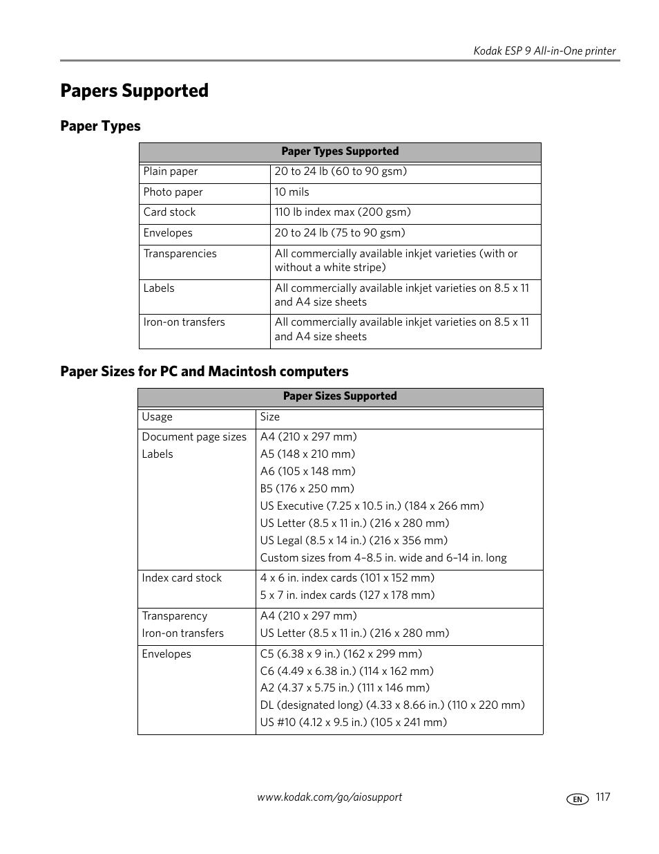 Papers supported, Paper types, Paper sizes for pc and macintosh computers | Kodak ESP 9 User Manual | Page 125 / 143