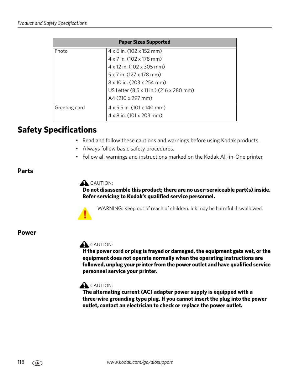 Safety specifications, Parts, Power | Parts power | Kodak ESP 9 User Manual | Page 126 / 143