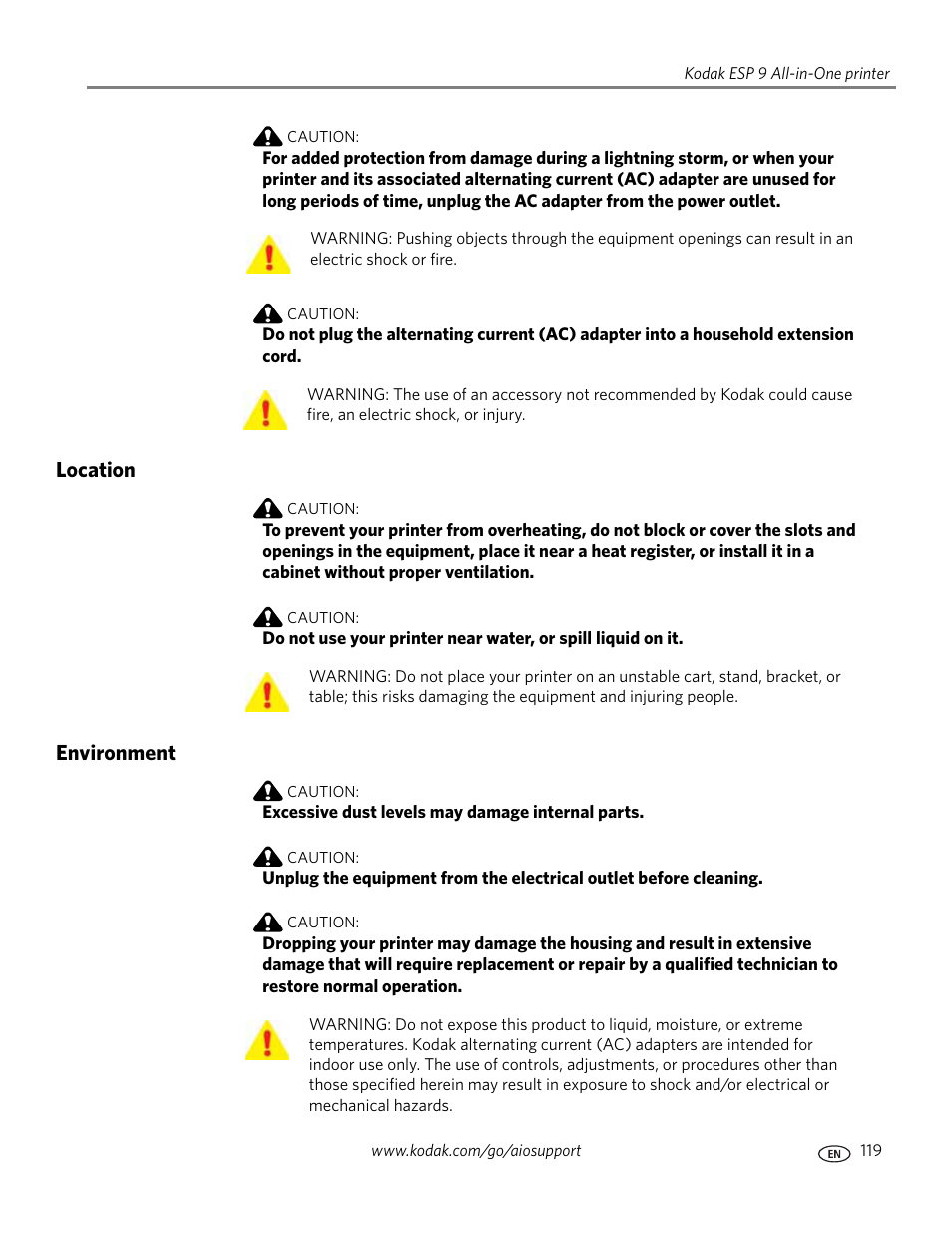 Location, Environment, Location environment | Kodak ESP 9 User Manual | Page 127 / 143