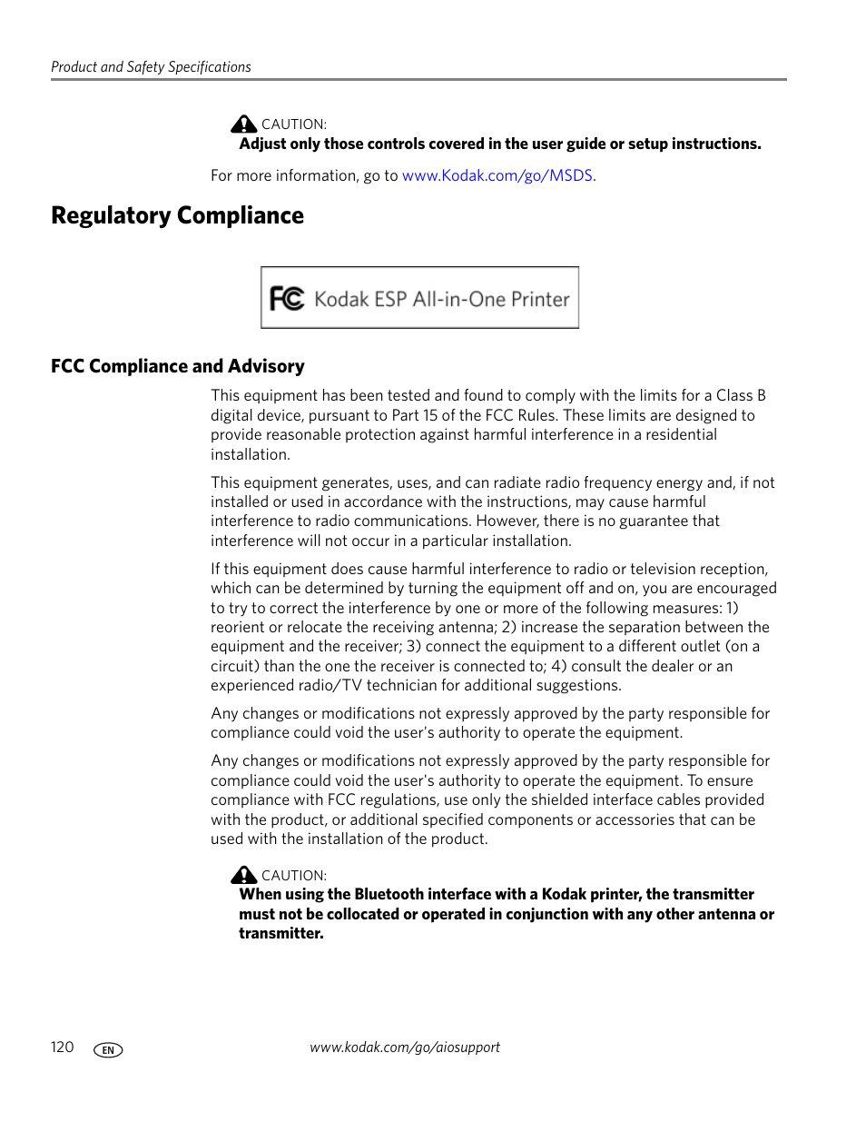 Regulatory compliance, Fcc compliance and advisory | Kodak ESP 9 User Manual | Page 128 / 143