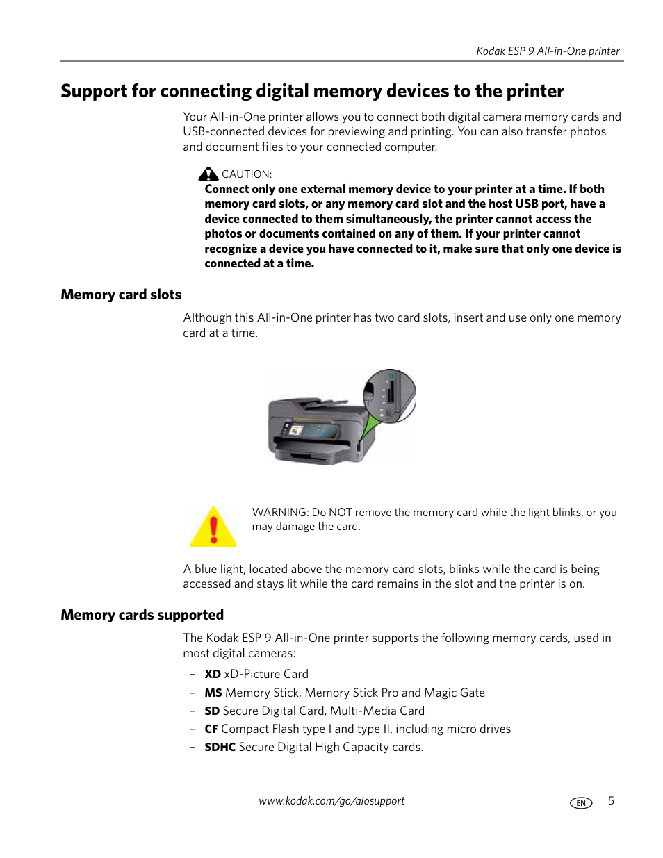 Memory card slots, Memory cards supported, Memory card slots memory cards supported | Kodak ESP 9 User Manual | Page 13 / 143