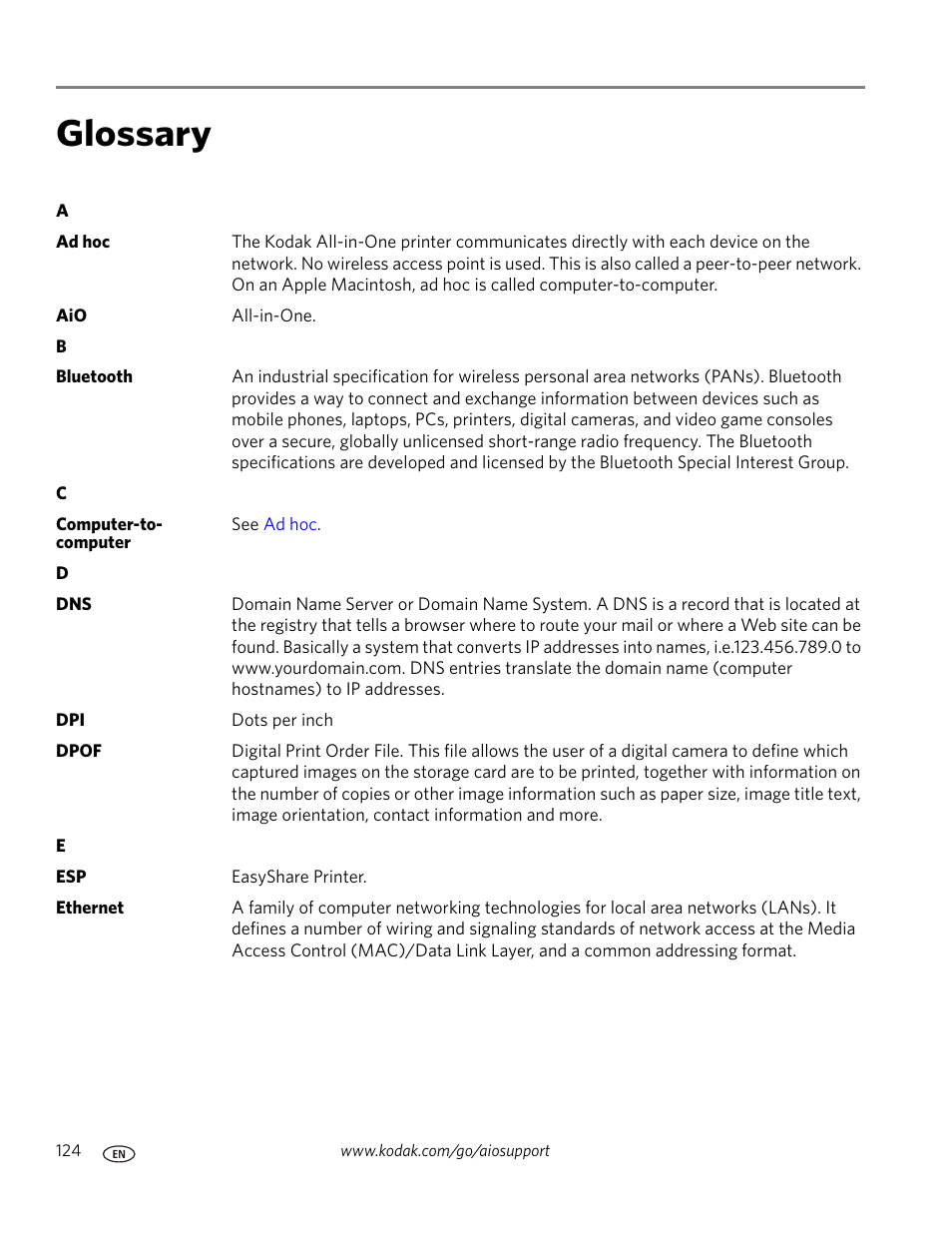 Glossary | Kodak ESP 9 User Manual | Page 132 / 143