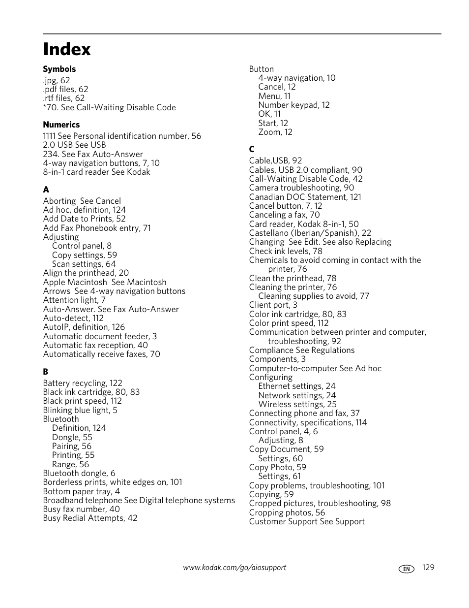 Index | Kodak ESP 9 User Manual | Page 137 / 143