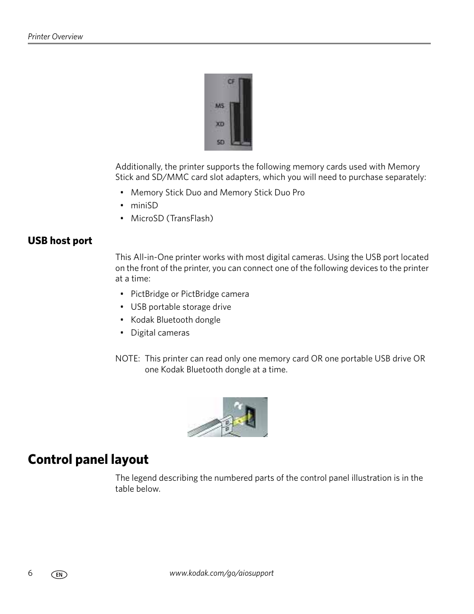 Usb host port, Control panel layout | Kodak ESP 9 User Manual | Page 14 / 143