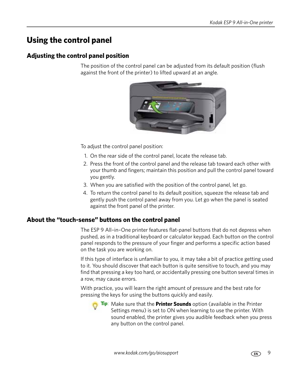 Using the control panel, Adjusting the control panel position | Kodak ESP 9 User Manual | Page 17 / 143