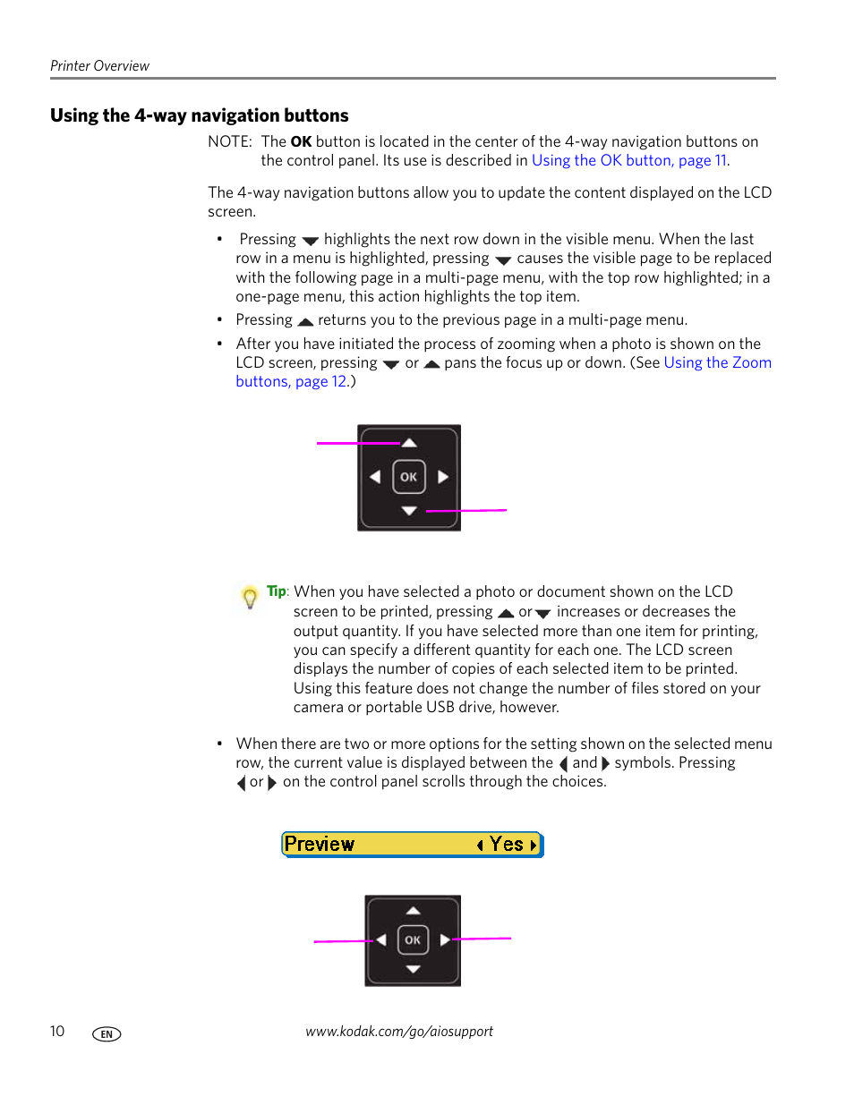 Using the 4-way navigation buttons | Kodak ESP 9 User Manual | Page 18 / 143