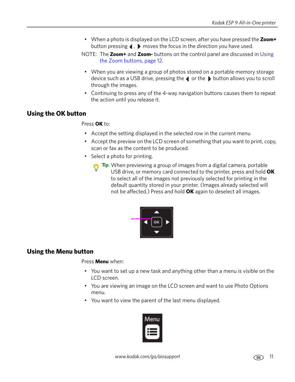 Using the ok button, Using the menu button, Using the ok button using the menu button | D in | Kodak ESP 9 User Manual | Page 19 / 143