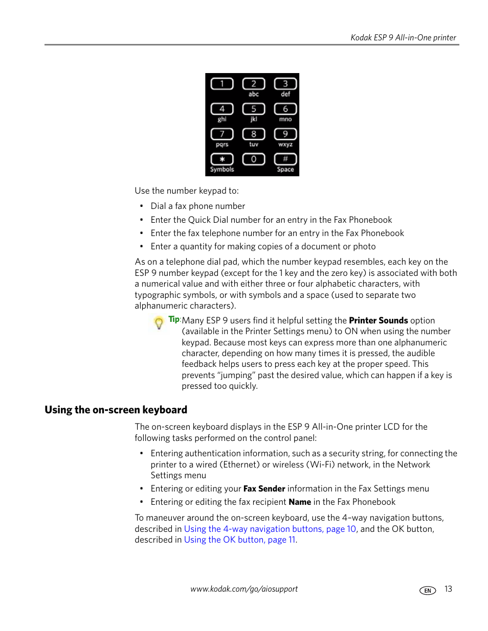 Using the on-screen keyboard | Kodak ESP 9 User Manual | Page 21 / 143