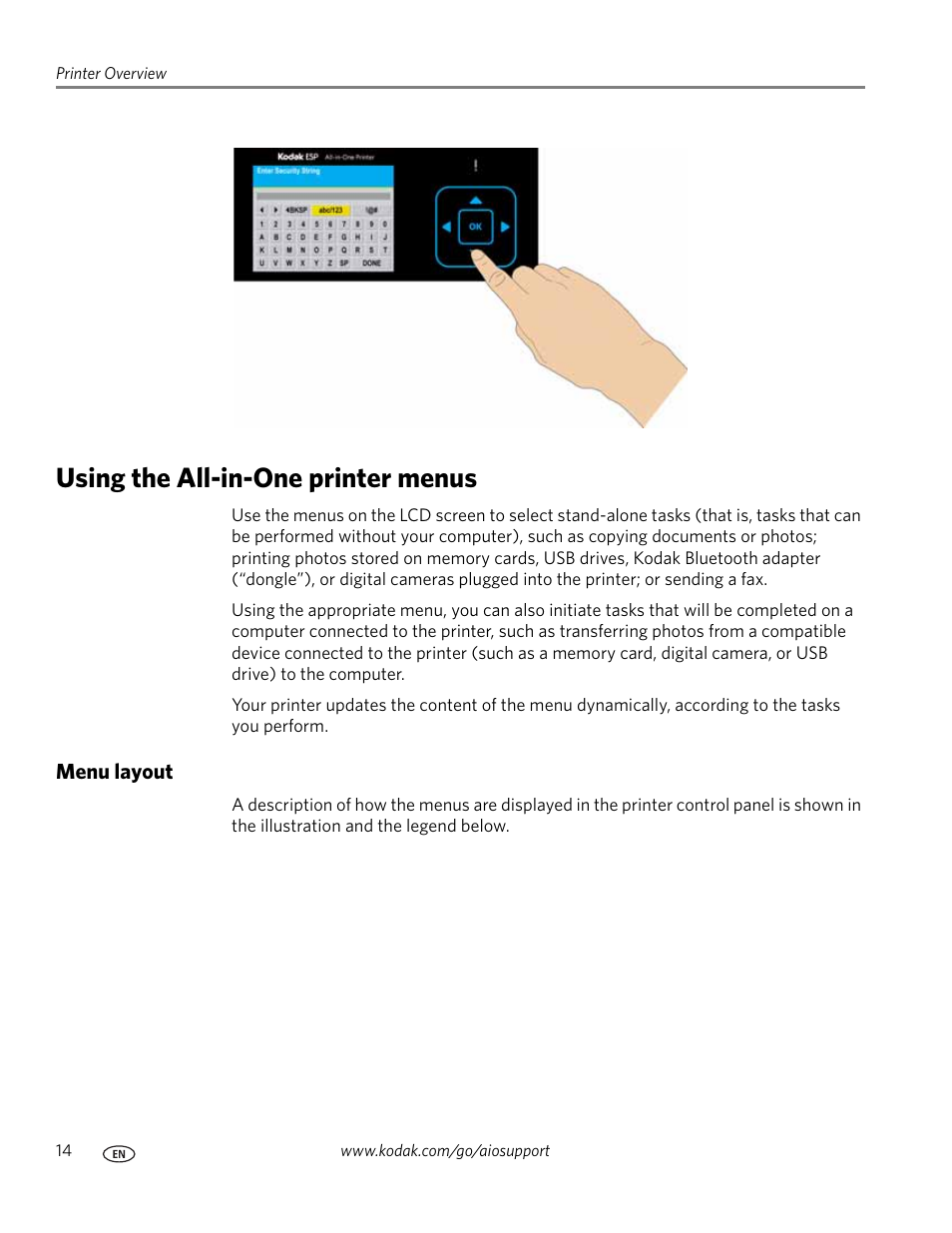 Using the all-in-one printer menus, Menu layout | Kodak ESP 9 User Manual | Page 22 / 143