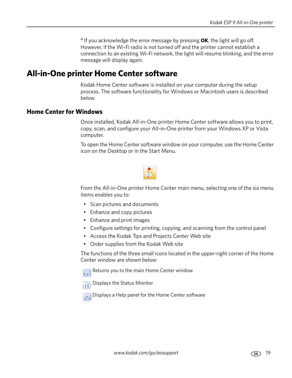 All-in-one printer home center software, Home center for windows | Kodak ESP 9 User Manual | Page 27 / 143