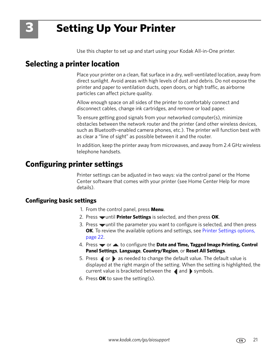Setting up your printer, Selecting a printer location, Configuring printer settings | Configuring basic settings, 3 setting up your printer | Kodak ESP 9 User Manual | Page 29 / 143