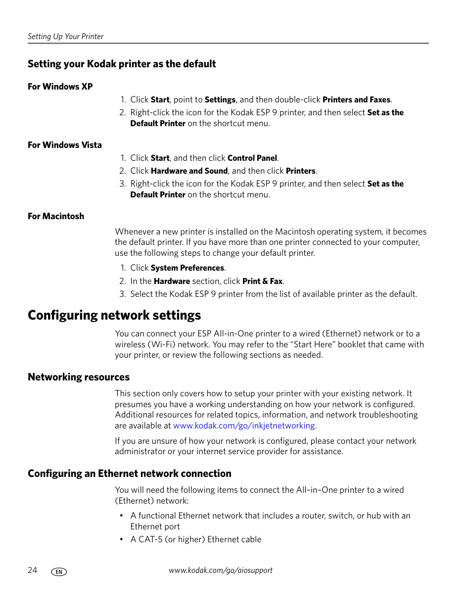 Setting your kodak printer as the default, For windows xp, For windows vista | For macintosh, Configuring network settings, Networking resources, Configuring an ethernet network connection | Kodak ESP 9 User Manual | Page 32 / 143