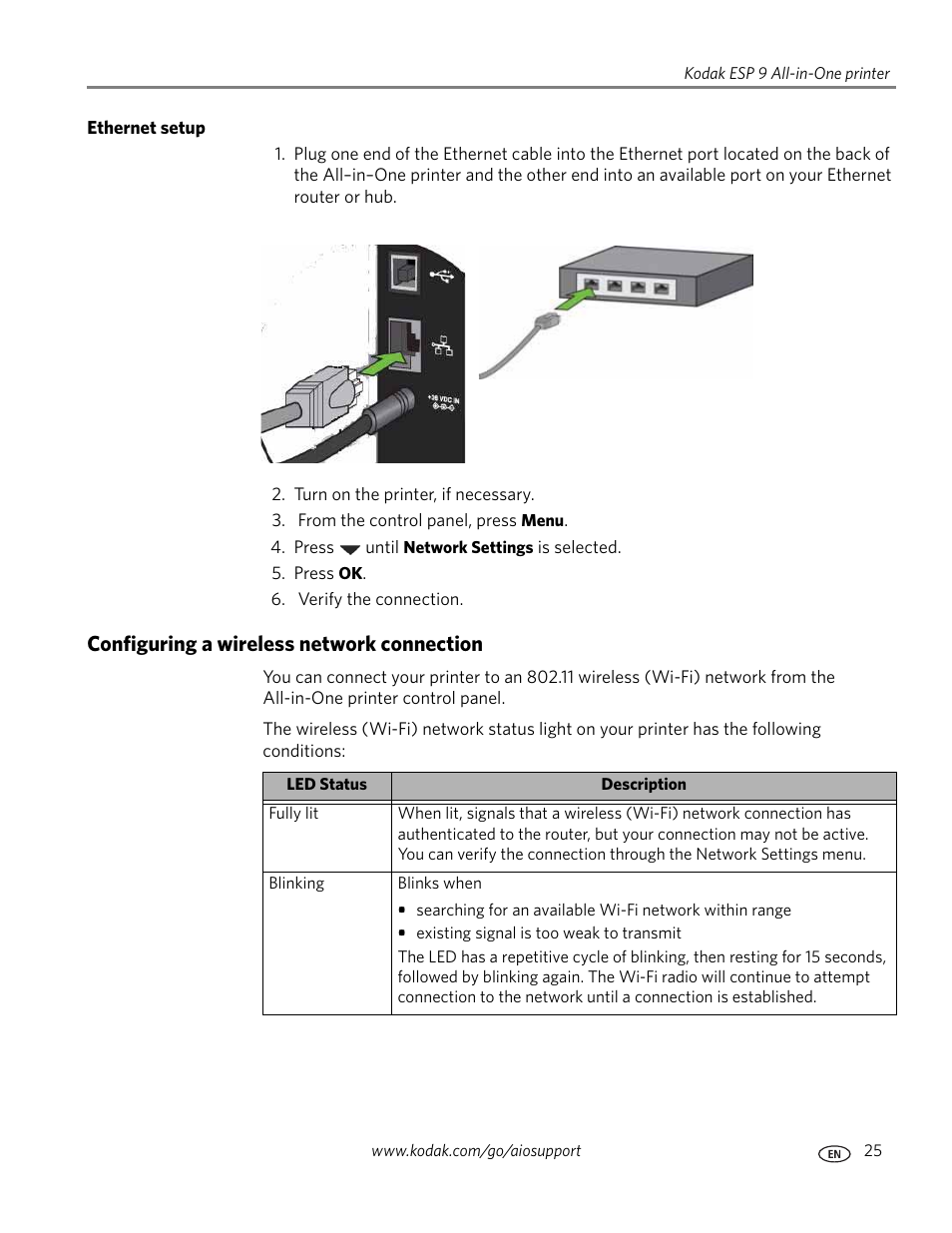 Ethernet setup, Configuring a wireless network connection | Kodak ESP 9 User Manual | Page 33 / 143