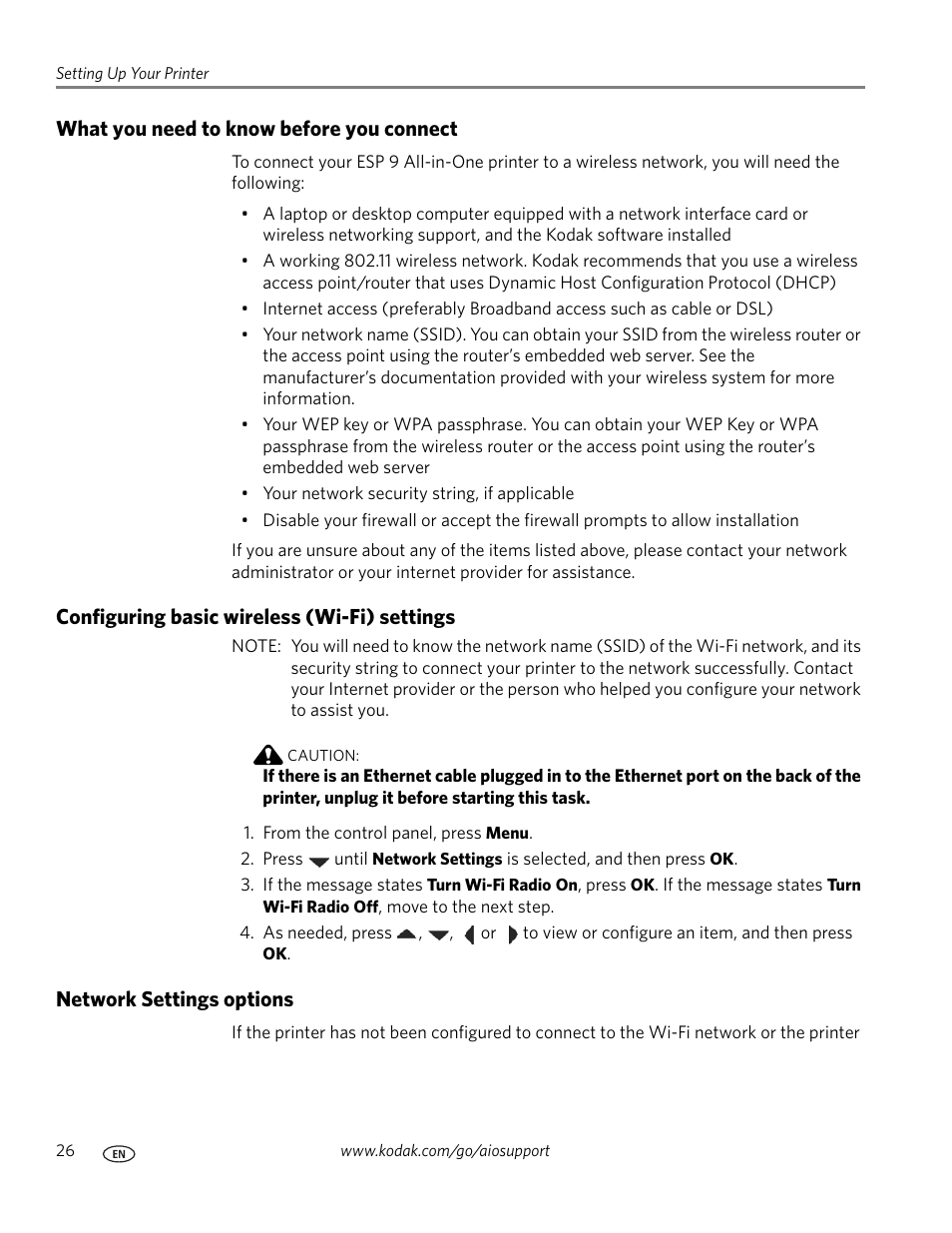 What you need to know before you connect, Configuring basic wireless (wi-fi) settings, Network settings options | Kodak ESP 9 User Manual | Page 34 / 143