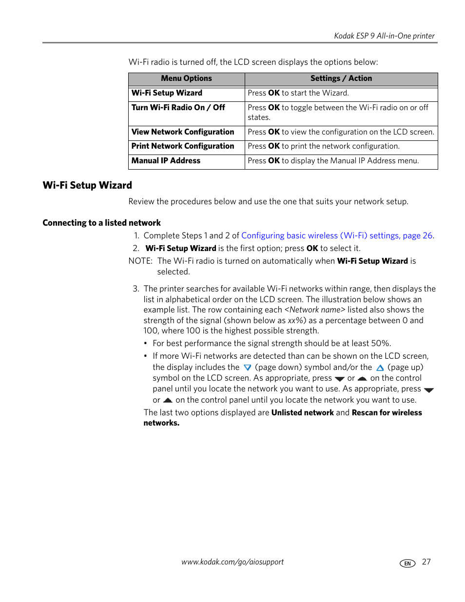 Wi-fi setup wizard, Connecting to a listed network | Kodak ESP 9 User Manual | Page 35 / 143