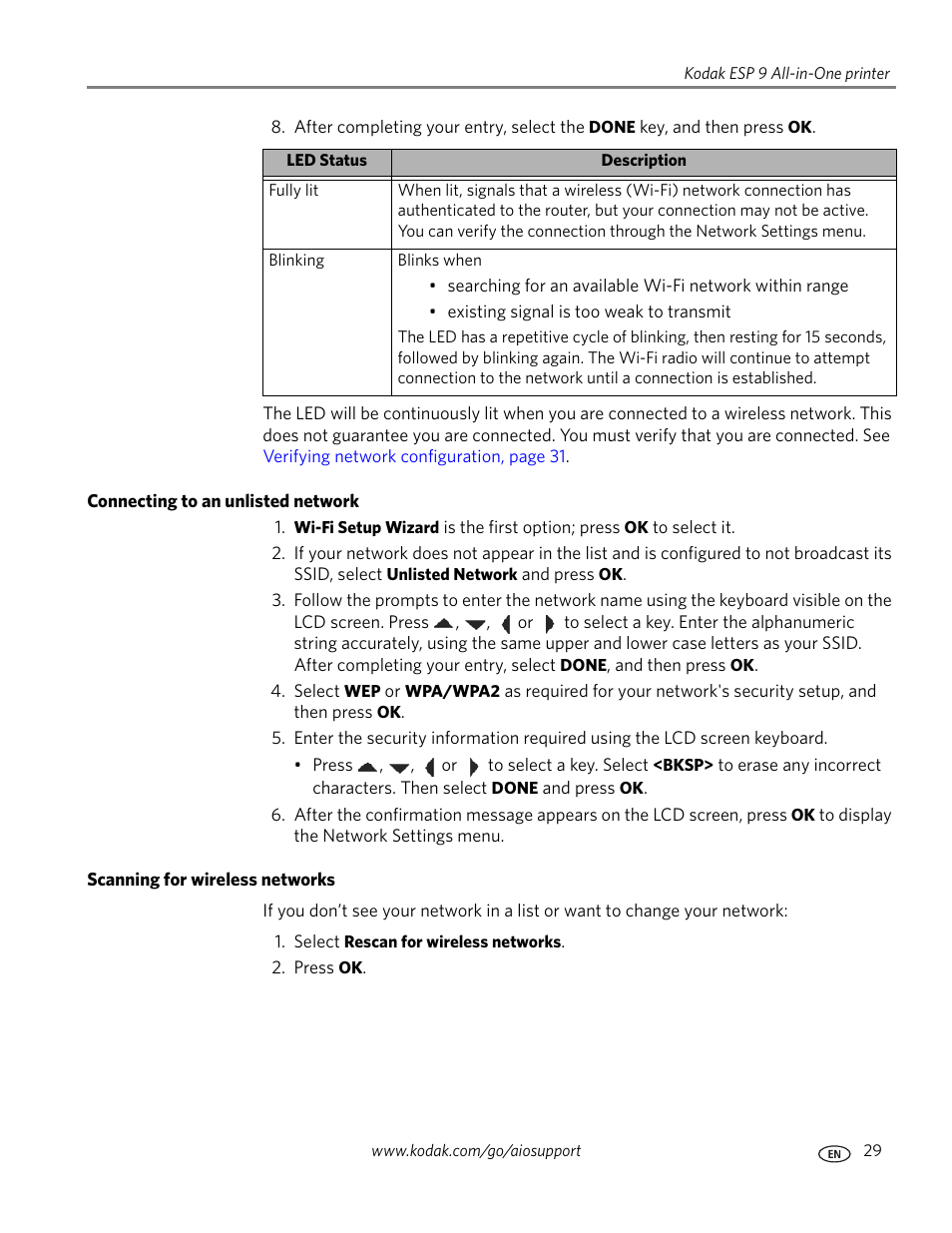Connecting to an unlisted network, Scanning for wireless networks | Kodak ESP 9 User Manual | Page 37 / 143