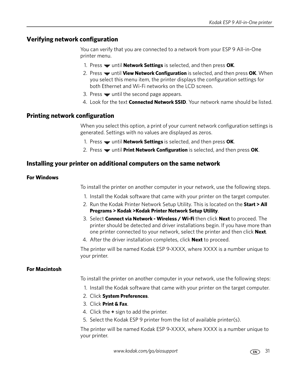 Verifying network configuration, Printing network configuration, For windows | For macintosh | Kodak ESP 9 User Manual | Page 39 / 143