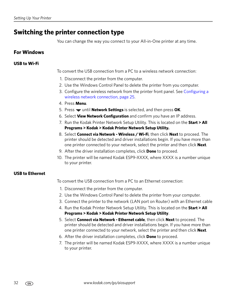 Switching the printer connection type, For windows, Usb to wi-fi | Usb to ethernet | Kodak ESP 9 User Manual | Page 40 / 143